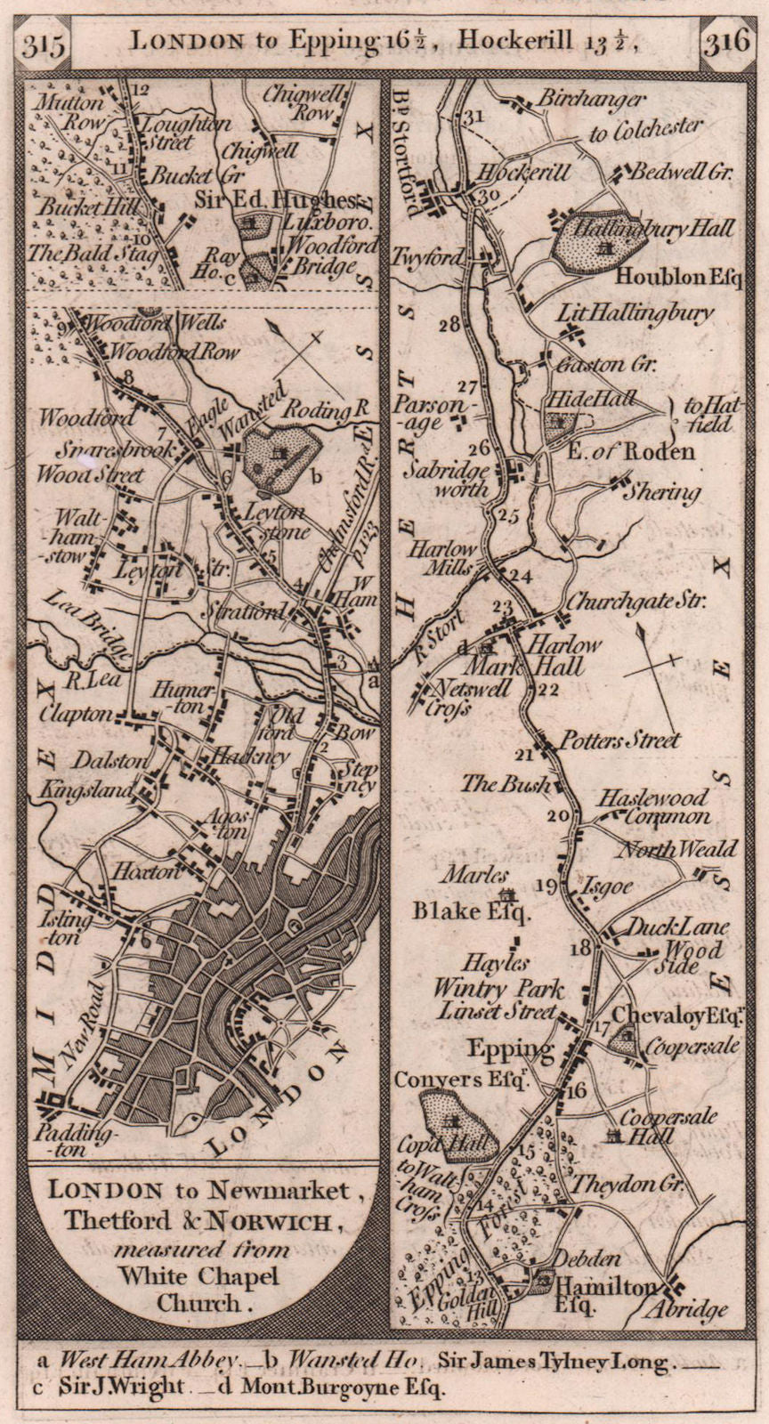 Hackney-Epping-Harlow-Bishop's Stortford road strip map PATERSON 1803 old